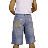 Enyce Mens Blue Jean Shorts. 100% heavy weight machine washable cotton. Top quality embroidered design throughout. Excellent attention to all important details: rivets, stitching and fabric design. The latest in unique hip hop and street wear.