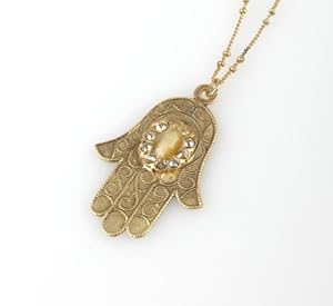 24K Yellow Gold Plated Chain with Hamsa Pendant with Engraved Motif by Israeli Amaro Jewelry Studio 'Illumination' Collection Accented with Aragonite and Clear Swarovski Crystals