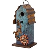 Carson - Aqua Blue w/ Red Flower Wood & Tin Roof 10" Hanging Birdhouse