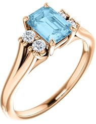 10K Rose Gold 7.00x5.00mm Emerald Cut Aquamarine and Diamond Ring -- LIFETIME WARRANTY