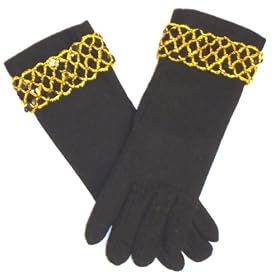 One Size Black Wool Jersey Gloves Reinforced By Nylon Fibers Trimmed Gold Ribbon