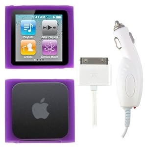 EVO Power Rapid White Car Charger + Purple Silicone Skin Soft Cover Case for the Apple iPod Nano 6 Gen 6th Generation