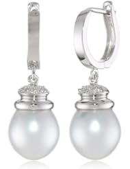 14K White Gold 9.0-9.5mm South Sea Cultured Pearl Cuff Earrings, (0.06 cttw, G-H Color, I1-I2 Clarity)
