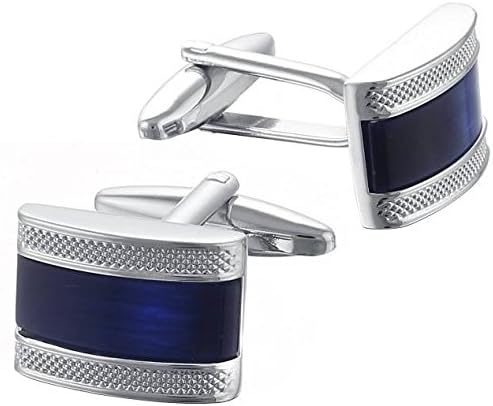Dark Blue/Silver Rectangular Centre Stripe Cats Eye Cufflinks by Gaventa London