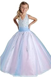 Girls V-neck  Crystals Beaded Sequined Crystal Lace Organza Floor Length  Ball Gown Pageant Dress 