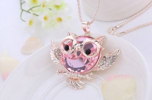BUYINHOUSE Vintage, Retro Colorful Artifical Crystal Owl Pendant and Long Chain Necklace with Antiqued Bronze/Brass Finish