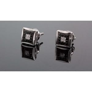 .925 Sterling Silver White Square White & Black Onyx Crystal Micro Pave Unisex Mens Stud Earrings