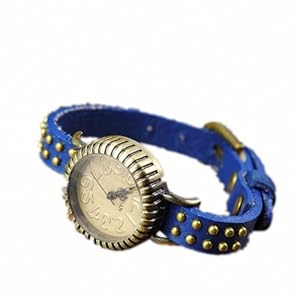 P&o Vintage Girls Students Trendy Bead Studded Genuine Leather Slim Band Bracelet Wrist Watch Blue