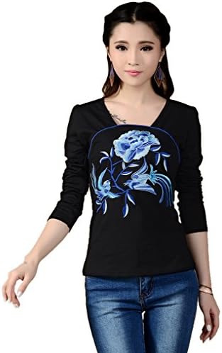 CDCLOTH Women's Square Neck Blue and White Embroidered Slim Long-sleeved T-shirt Size 2 US White