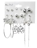 Rose / Pearl / Rhinestone Polished Silver Fashion Earrings - Set of 9 Pairs ( Assorted Colors Based on Availability)