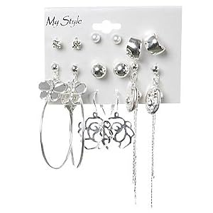 Rose Pearl Rhinestone Polished Silver Fashion Earrings - Set of 9 Pairs ( Assorted Colors Based on...