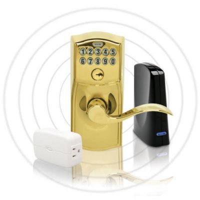 Schlage LiNK Wireless Keypad Entry Lever Lock Starter Kit System, Bright Brass