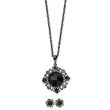 1928 Black-plated Jet Crystal Stud Post Earrings and 16 Inch Necklace Set