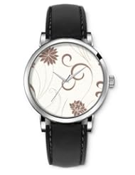 SPRAWL Aanalog Fashion Series Silver Ladies Watches of Genuine Black Leather Strap,Unique Wrist Watch for Women Girls Designed with Flores coffee on white background