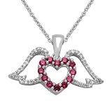 Sterling Silver Round Created Ruby and Genuine White Diamonds Angel Wings Pendant, 18
