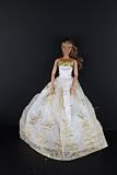 White Gown with Lots of Gold Lace and Trim Made for the Barbie Doll