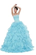 Hot Sale Sunvary Cascades Strapless Ball Gown Ruffle with Beads Organza Evening Party Dresses Bridesmaid Dresses Long - US Size 10- Blue
