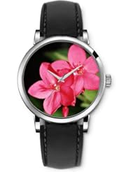SPRAWL Aanalog Fashion Series Silver Ladies Watches of Genuine Black Leather Strap,Unique Wrist Watch for Women Girls Designed with red Flowers