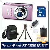 Canon PowerShot SD3500 IS Digital ELPH Camera (Pink) 4194B001, 14.1 Megapixel, 3.5 Touch Panel LCD, 5x 24-120mm Equivalent UA Zoom Lens, DIGIC 4 Image Processor, 8 GB Memory Card, Reader, Tripod, Case, and Lens Cleaner