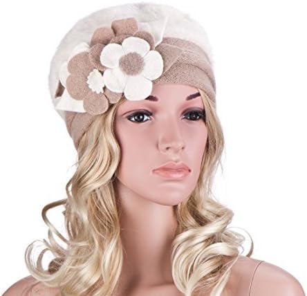 Womens Winter Angola Rabbit Fur Wool Flower Trim Beanie Cap Crochet Hat A036