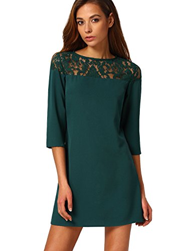 SheIn Women's Hollow Lace Patchwork 3/4 Sleeve Shift Dress