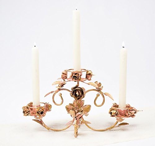 Candleholder Centerpiece Three Tapers Metal Chippy Roses Pink and Gold