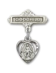 Sterling Silver Baby Badge with Miraculous Charm and Godchild Badge Pin