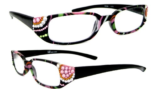 LZ New York High Quality Multi Black Frame Women Fashion Reading Glasses with Genuine Swarovski Jet, Light Rose, Peridot, Topaz & Crystal Clear /+125 at Amazon.com