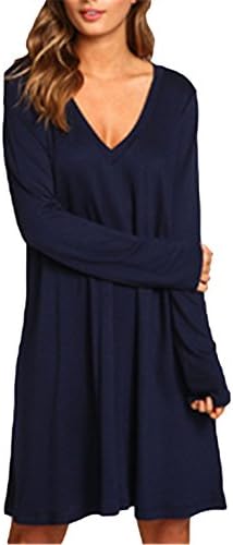 Waloneby Women's Plunge Neck Long Sleeve Straight Tshirt Dress (XL, Navy)