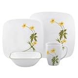 Corelle Square Vitrelle 16-Piece Dinnerware Set, Service for 4, Buttercup