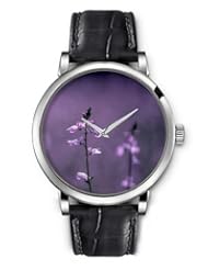 SPRAWL Aanalog Fashion Series Silver Ladies Watches of Genuine Black Leather Strap,Unique Wrist Watch for Women Girls Designed with Beautiful little purple flowers