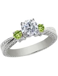 1.24 Ct Round H/I Diamond Green Peridot 18K White Gold 3-Stone Ring