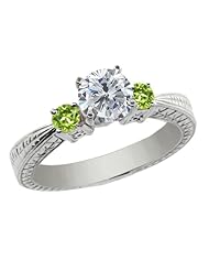 1.24 Ct Round H/I Diamond Green Peridot 925 Sterling Silver 3-Stone Ring