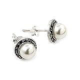 Marcasite And Pearl Post Sterling Silver Earrings
