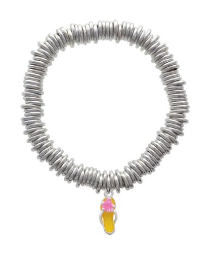 Yellow Flip Flop with Pink Hibiscus Flower Silver Plated Charm Links Bracelet