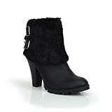Dual Buckle Fur Trim High Heel Ankle Bootie Black