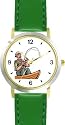 Old Fisherman or Man in Boat Fishing - WATCHBUDDY&reg; DELUXE TWO-TONE THEME WATCH - Arabic Numbers - Green Leather Strap-Women's Size-Small