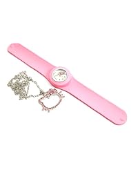 Kitty Face Watch , Hot Pink Slap Band Watch, Girls Cat Watch, Slap Band Kitten Watch and Pink Open Face Rhinestone Necklace Two Piece Jewelry Set for Girls or Women