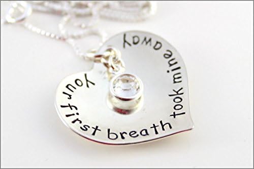 New Mom Necklace in Sterling Silver with Birthstone | Your First Breath Took Mine Away Heart | Personalized Jewelry
