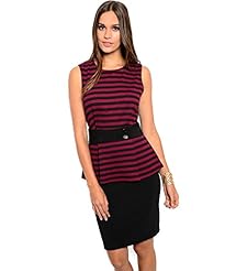 Two-Toned Striped Print Peplum Polyester/Spandex Bodycon Dress 