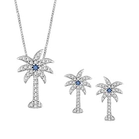 Blue and White Diamond Palm Tree Jewelry Set in 14K White Gold