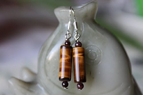 Long Column Tiger Eye With Red Garnet Earrings, sterling silver hook