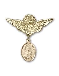 14K Gold Baby Badge with St. Kenneth Charm and Angel with Wings Badge Pin