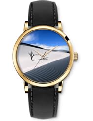 SPRAWL Aanalog Fashion Series Gold Ladies Watches of Genuine Black Leather Strap,Unique Wrist Watch for Women Girls Designed with Trunks on the beach