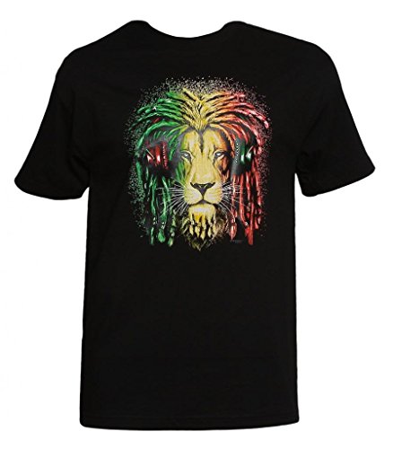 Mens Black Short-Sleeve Rasta Lion w/ Headphones T-Shirt