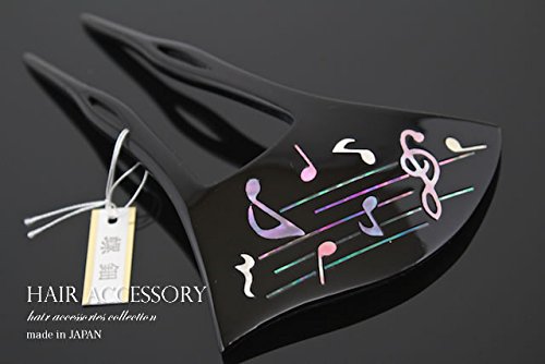 バチ型簪 かんざし 黒 ブラック 音符 音楽 螺鈿 貝 [結婚式/成人式/卒業式]