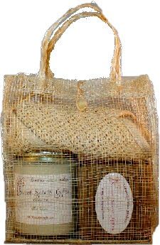 Relaxing Christmas with Coal, 4-piece Gift Set - Blue Spruce Scented Soy Candle, Evergreen Lavender Soap, Activated Charcoal Soap with Sisal Bath Cloth & Decorative Gift Bag