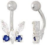 Butterfly Belly Button Ring with Blue Sapphire Cubic Zirconia on Sterling Silver Setting
