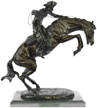 Unique Bronze Sculpture, Statue Large Frederick Remington Bronco Buster On Stand Decor, A Seasoned Cowboy Courageously Rides His Wild Horse. He Is Bucked By His Uncontrollable Stallion But H...