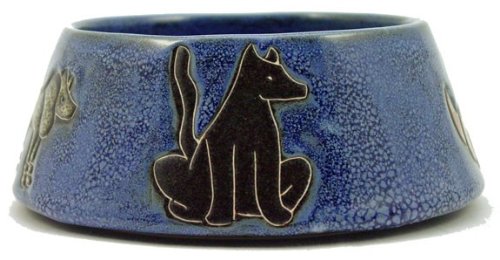 MARA STONEWARE COLLECTION - 24 Oz. Pet Feeding Or Water Dish Blue Bowl - Abstract Puppy Dog Design
